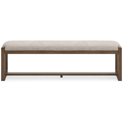 Benjara Cabal Large Dining Bench, Padded Beige Polyester, Brown Wood, 64 Inch