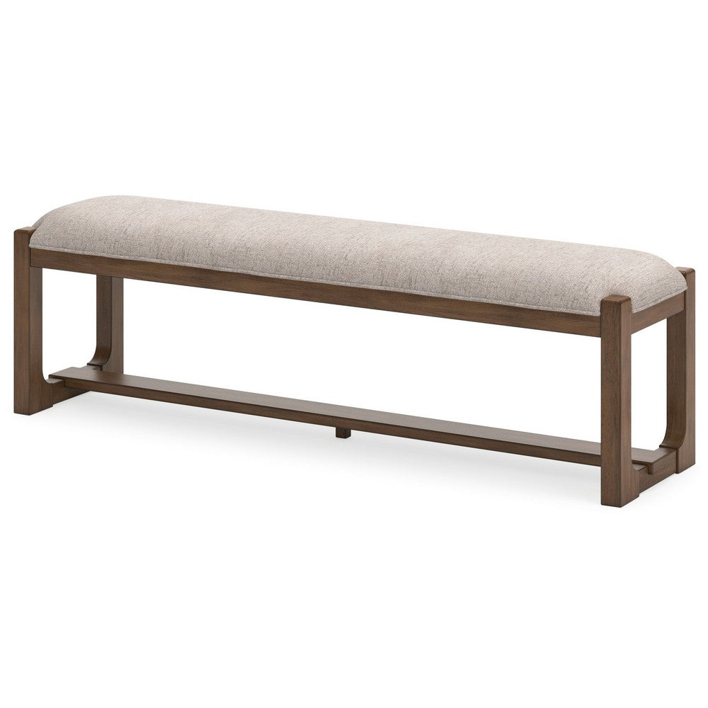 Benjara Cabal Large Dining Bench, Padded Beige Polyester, Brown Wood, 64 Inch