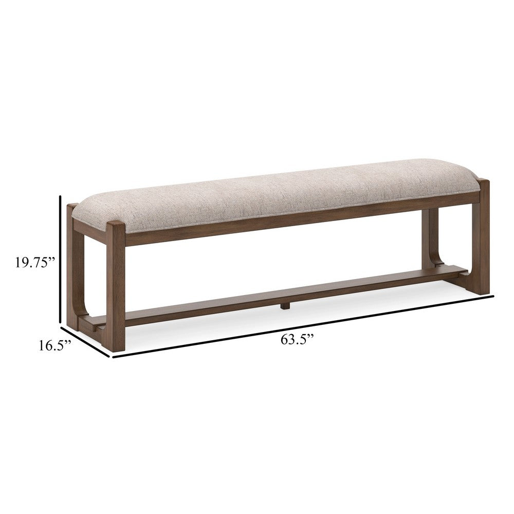 Benjara Cabal Large Dining Bench, Padded Beige Polyester, Brown Wood, 64 Inch