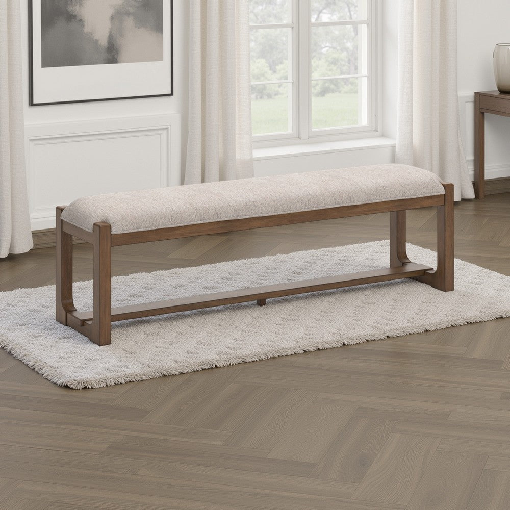 Benjara Cabal Large Dining Bench, Padded Beige Polyester, Brown Wood, 64 Inch