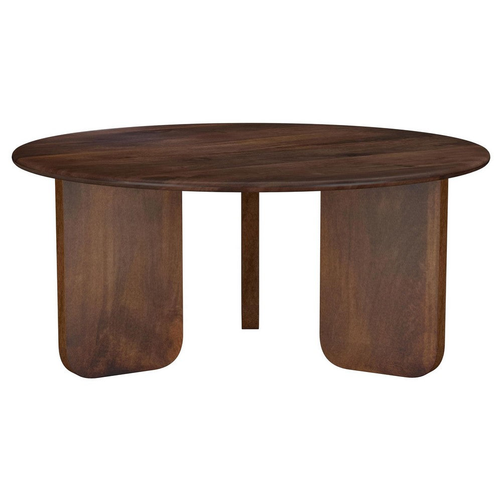 Benjara Novo Coffee Table, 36 Inch, Rustic Three Panel Legs, Brown Mango Wood