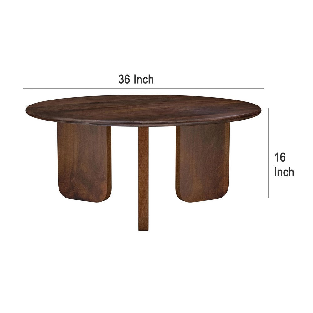 Benjara Novo Coffee Table, 36 Inch, Rustic Three Panel Legs, Brown Mango Wood