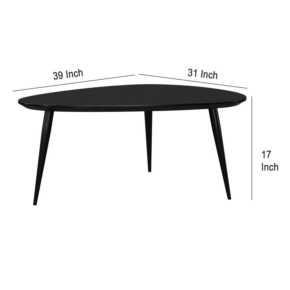 Benjara Deso Coffee Table, 39 Inch Triangular Black Mango Wood, Metal Legs
