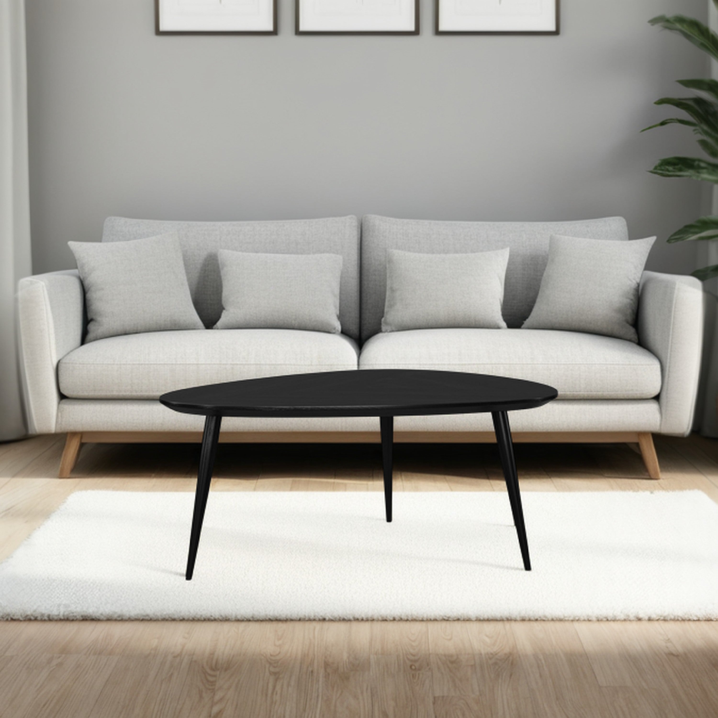 Benjara Deso Coffee Table, 39 Inch Triangular Black Mango Wood, Metal Legs