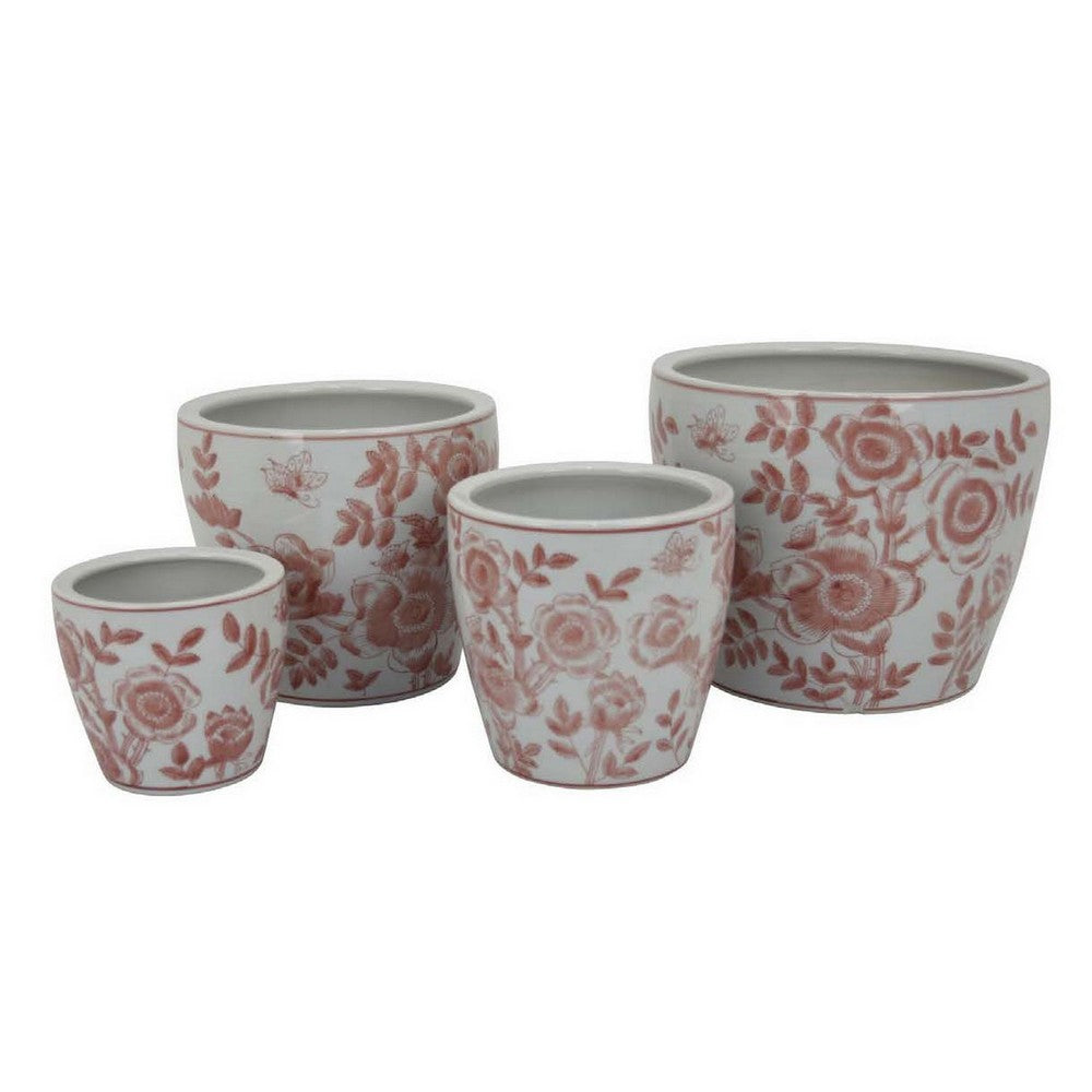 Benjara Kerry Accent Planter Pot Set of 4, Pink Floral Pattern, White Ceramic