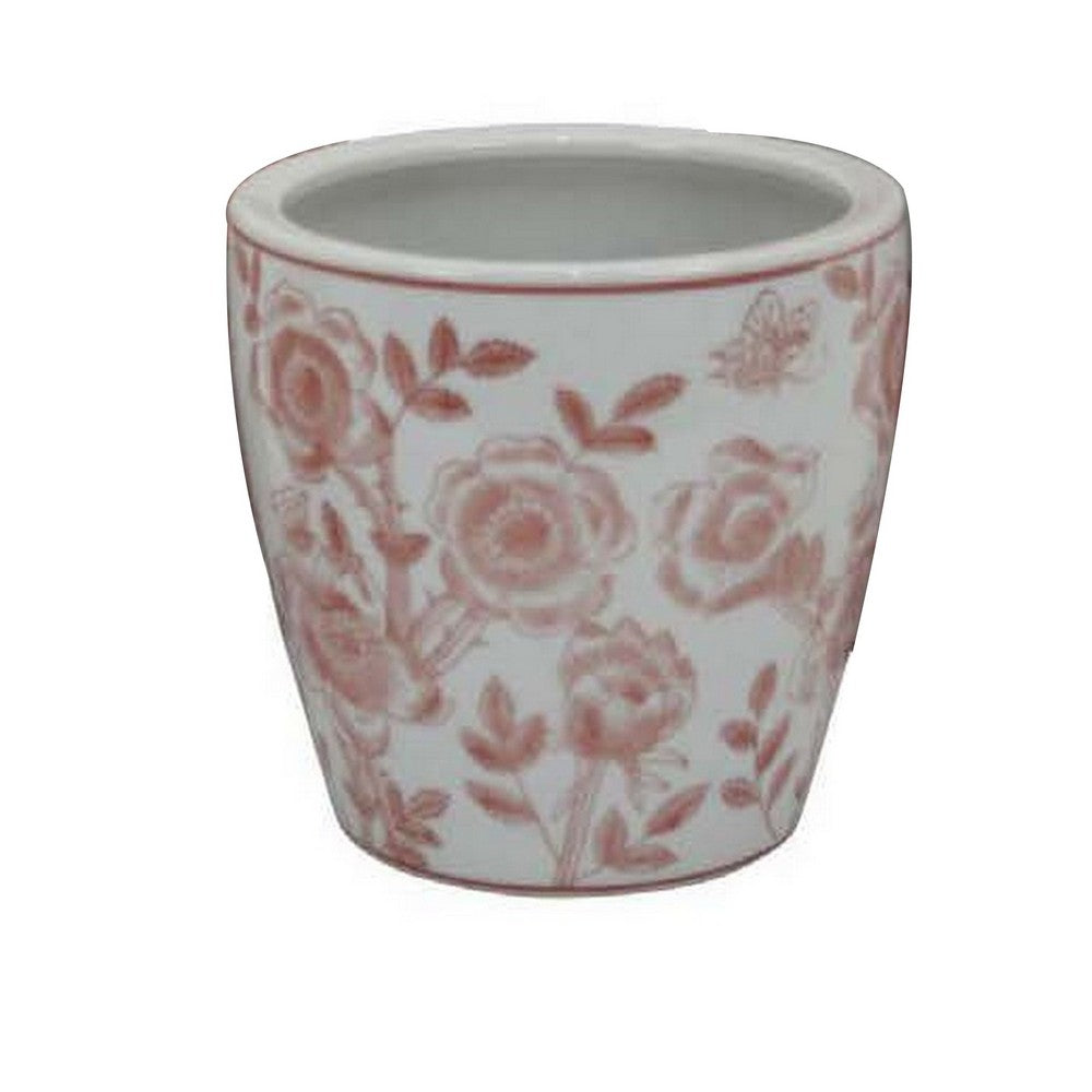 Benjara Kerry Accent Planter Pot Set of 4, Pink Floral Pattern, White Ceramic
