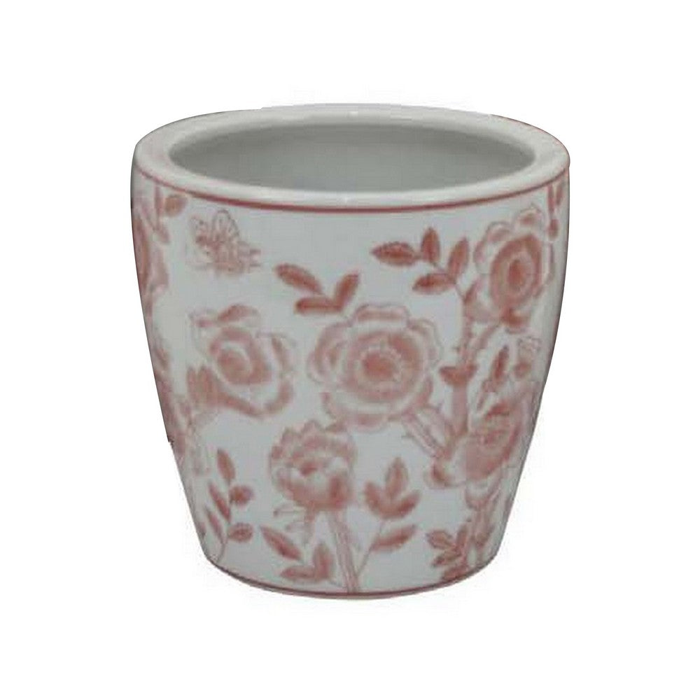 Benjara Kerry Accent Planter Pot Set of 4, Pink Floral Pattern, White Ceramic