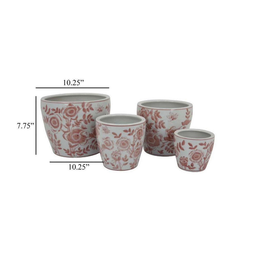Benjara Kerry Accent Planter Pot Set of 4, Pink Floral Pattern, White Ceramic