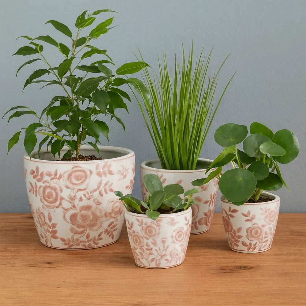Benjara Kerry Accent Planter Pot Set of 4, Pink Floral Pattern, White Ceramic