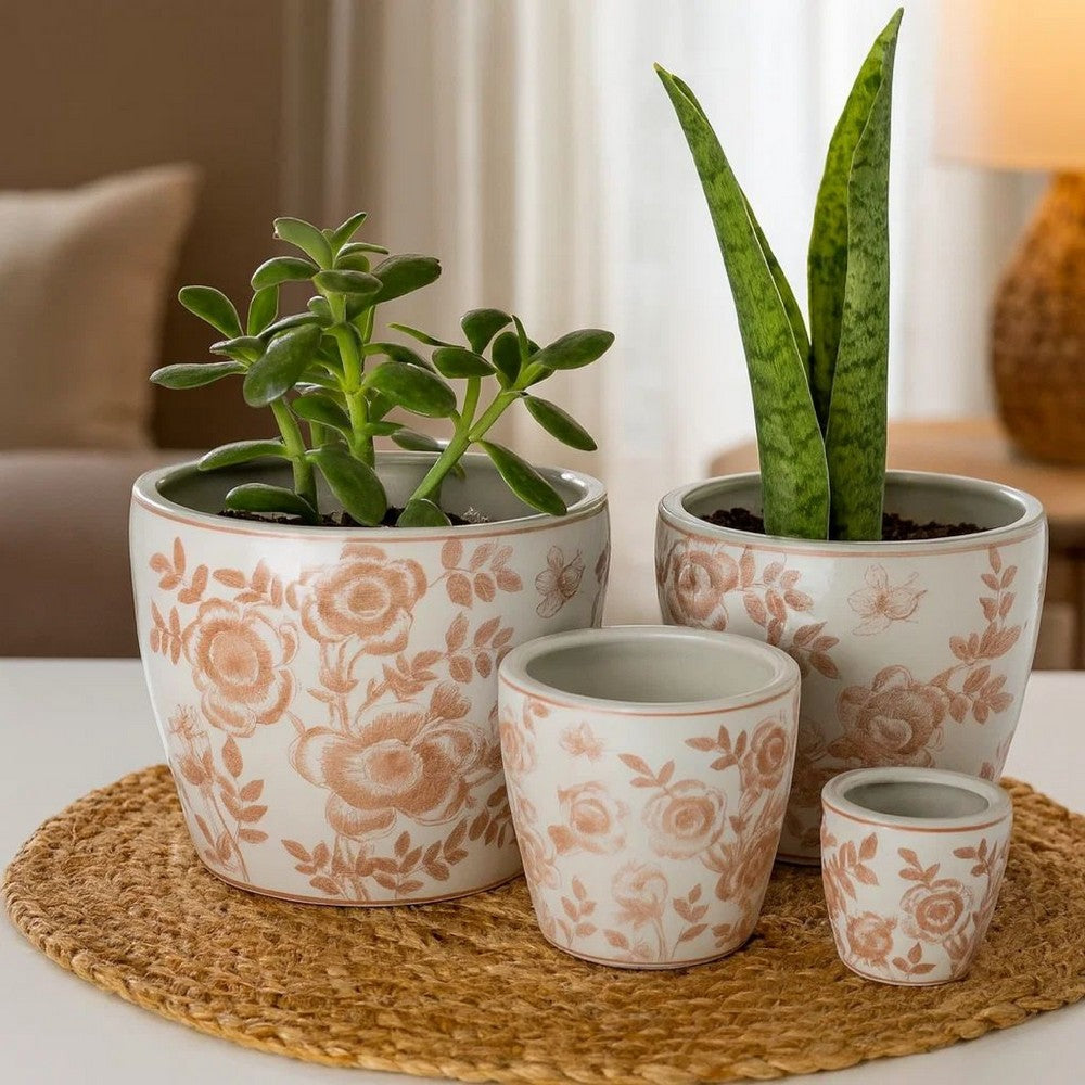 Benjara Kerry Accent Planter Pot Set of 4, Pink Floral Pattern, White Ceramic