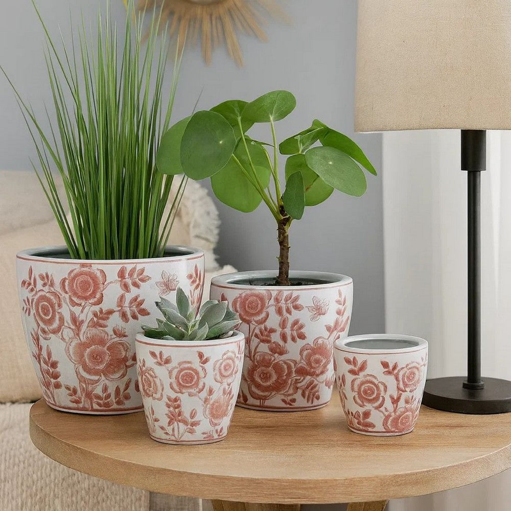 Benjara Kerry Accent Planter Pot Set of 4, Pink Floral Pattern, White Ceramic