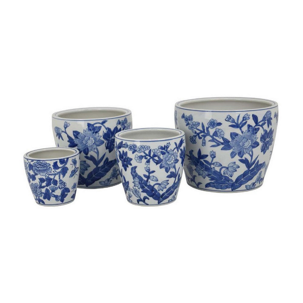 Benjara Kerry Accent Planter Pot Set of 4, Blue Floral Pottery, White Ceramic
