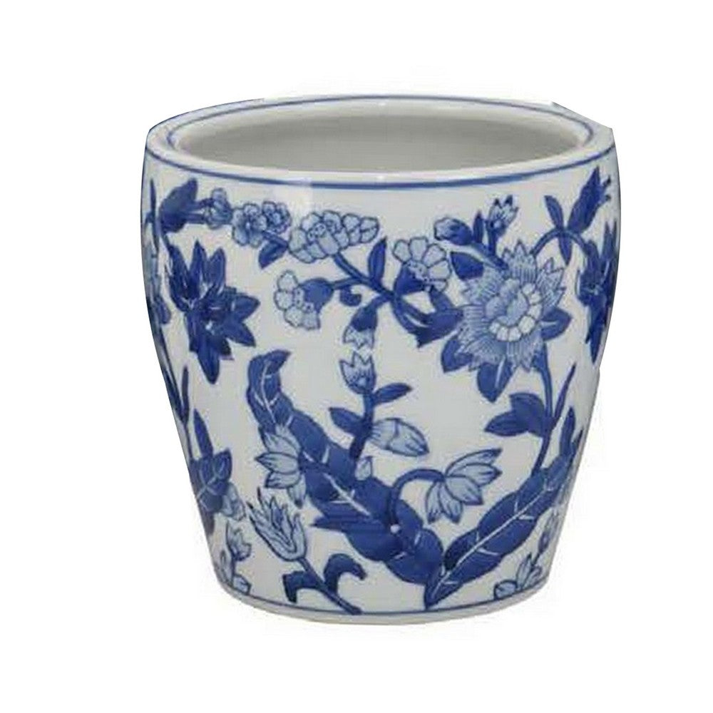 Benjara Kerry Accent Planter Pot Set of 4, Blue Floral Pottery, White Ceramic