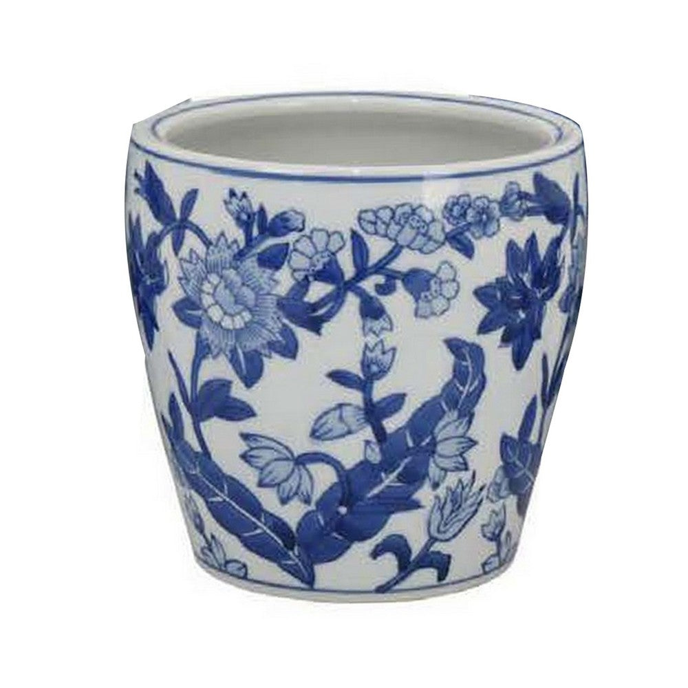 Benjara Kerry Accent Planter Pot Set of 4, Blue Floral Pottery, White Ceramic
