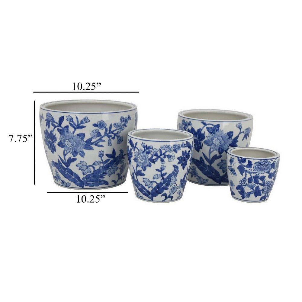 Benjara Kerry Accent Planter Pot Set of 4, Blue Floral Pottery, White Ceramic