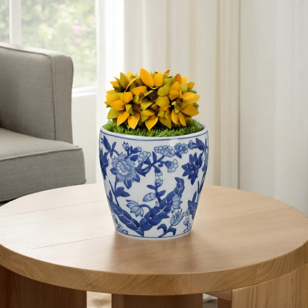 Benjara Kerry Accent Planter Pot Set of 4, Blue Floral Pottery, White Ceramic