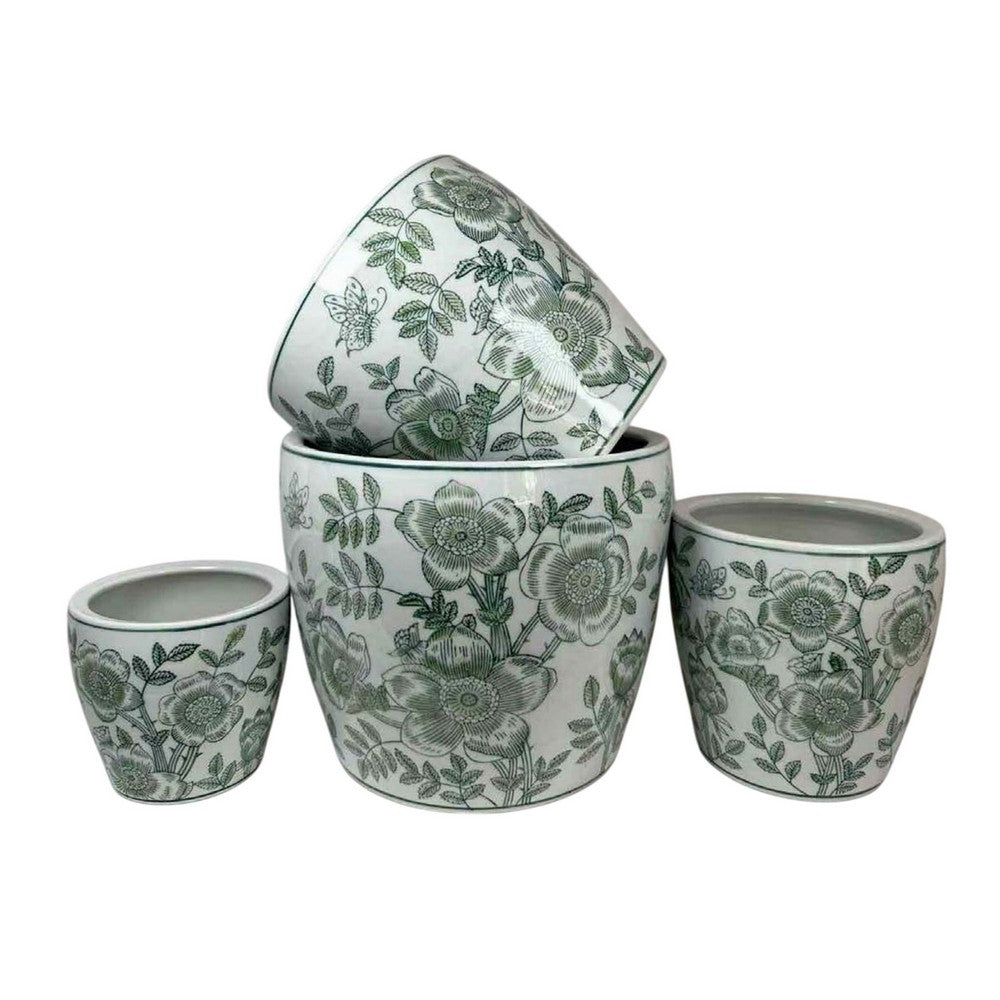 Benjara Kerry Accent Planter Pot Set of 4, Green Floral Pattern, White Ceramic