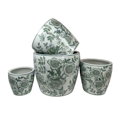 Benjara Kerry Accent Planter Pot Set of 4, Green Floral Pattern, White Ceramic