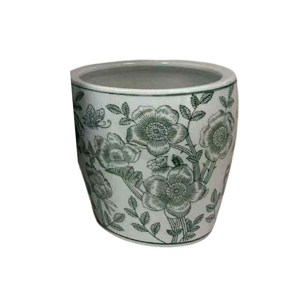 Benjara Kerry Accent Planter Pot Set of 4, Green Floral Pattern, White Ceramic