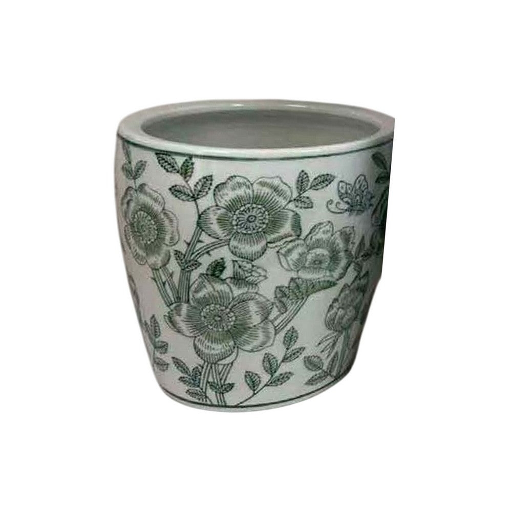 Benjara Kerry Accent Planter Pot Set of 4, Green Floral Pattern, White Ceramic