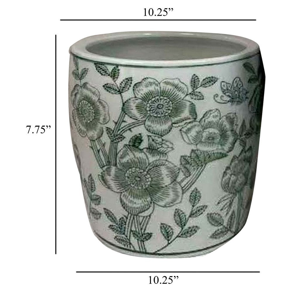 Benjara Kerry Accent Planter Pot Set of 4, Green Floral Pattern, White Ceramic