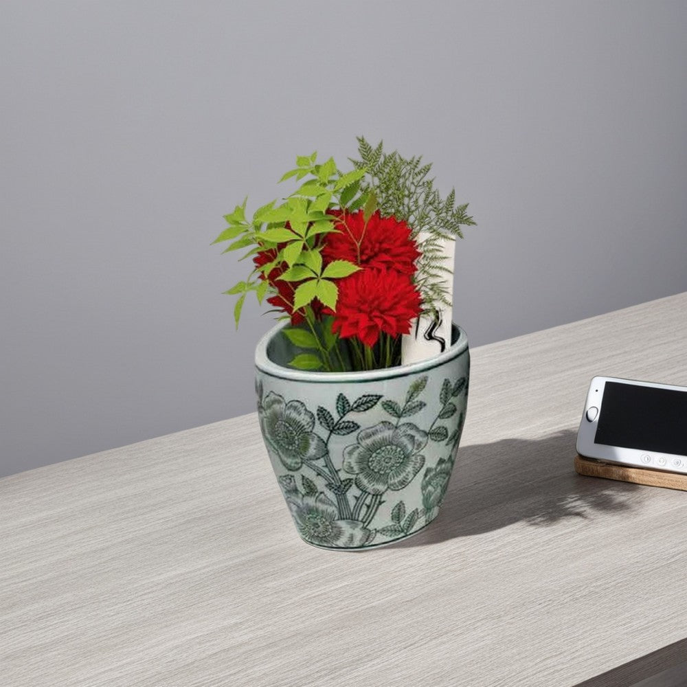 Benjara Kerry Accent Planter Pot Set of 4, Green Floral Pattern, White Ceramic
