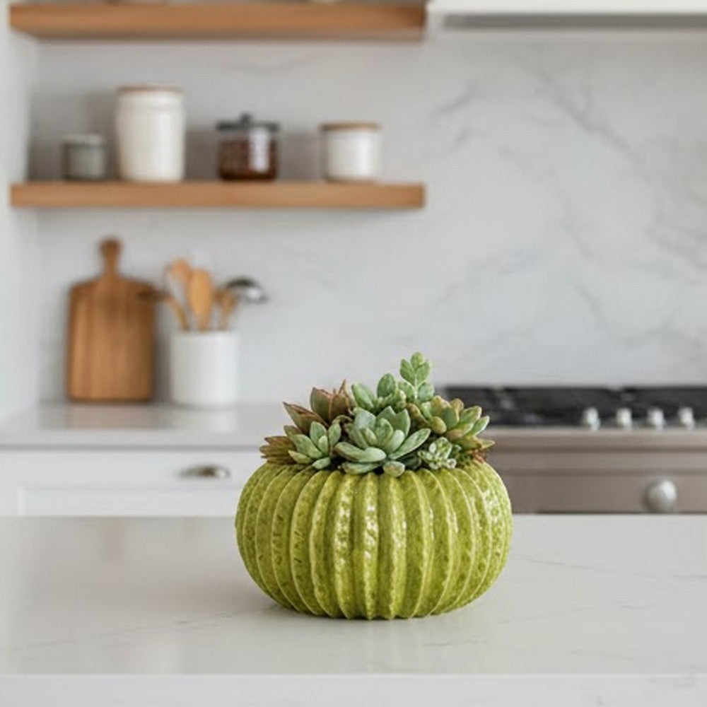 Benjara Decorative Planter, Melon Shape, Vertical Ribbed Texture, Green Ceramic