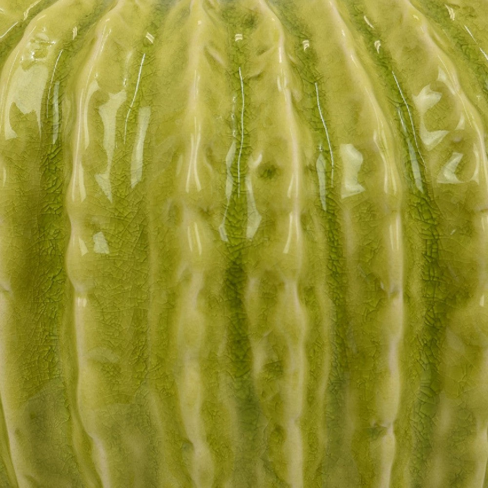 Benjara Decorative Planter, Melon Shape, Vertical Ribbed Texture, Green Ceramic