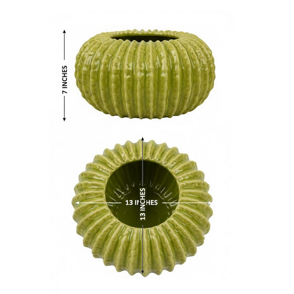 Benjara Decorative Planter, Melon Shape, Vertical Ribbed Texture, Green Ceramic