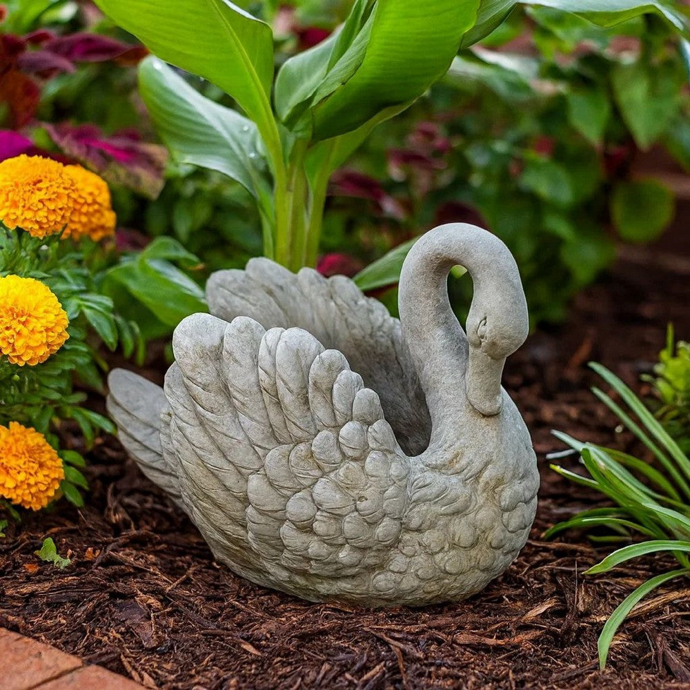 Benjara Jina Planter with Swan Sculpted Details, Gray Terracotta 10 Inch