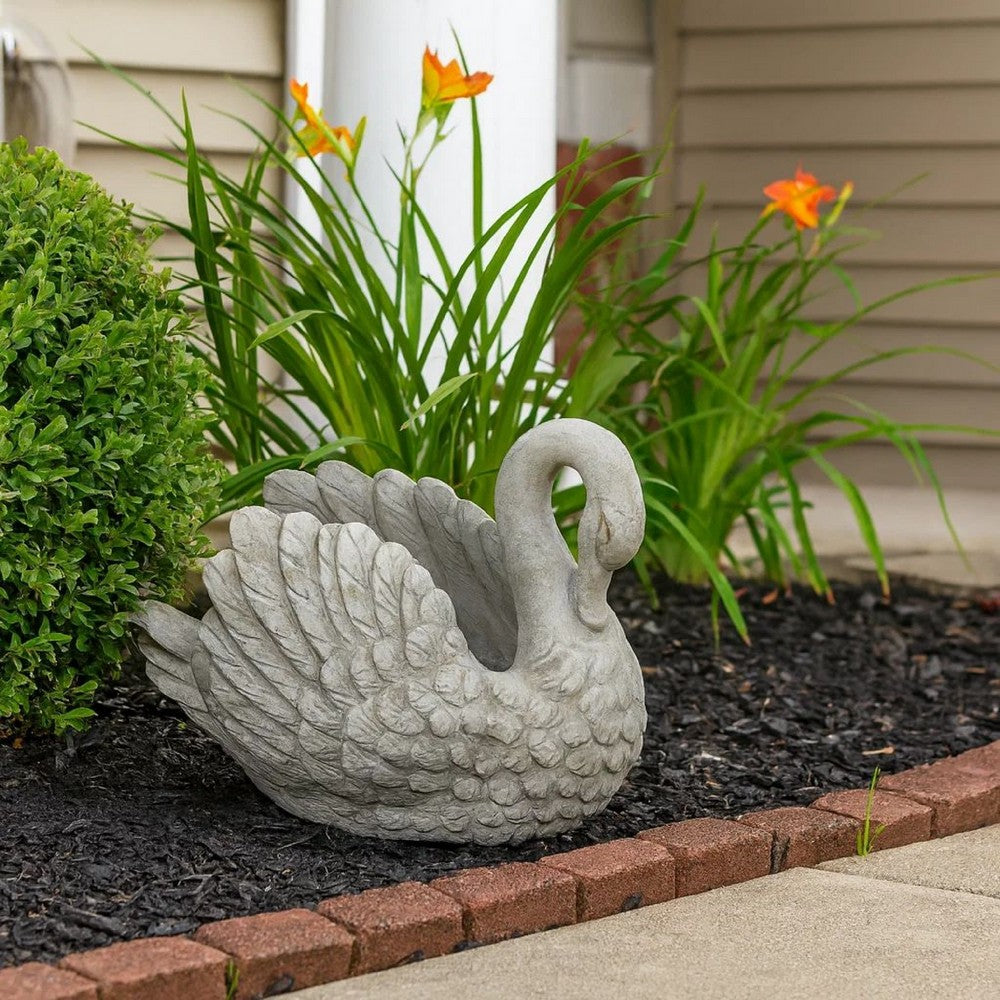 Benjara Jina Planter with Swan Sculpted Details, Gray Terracotta 10 Inch