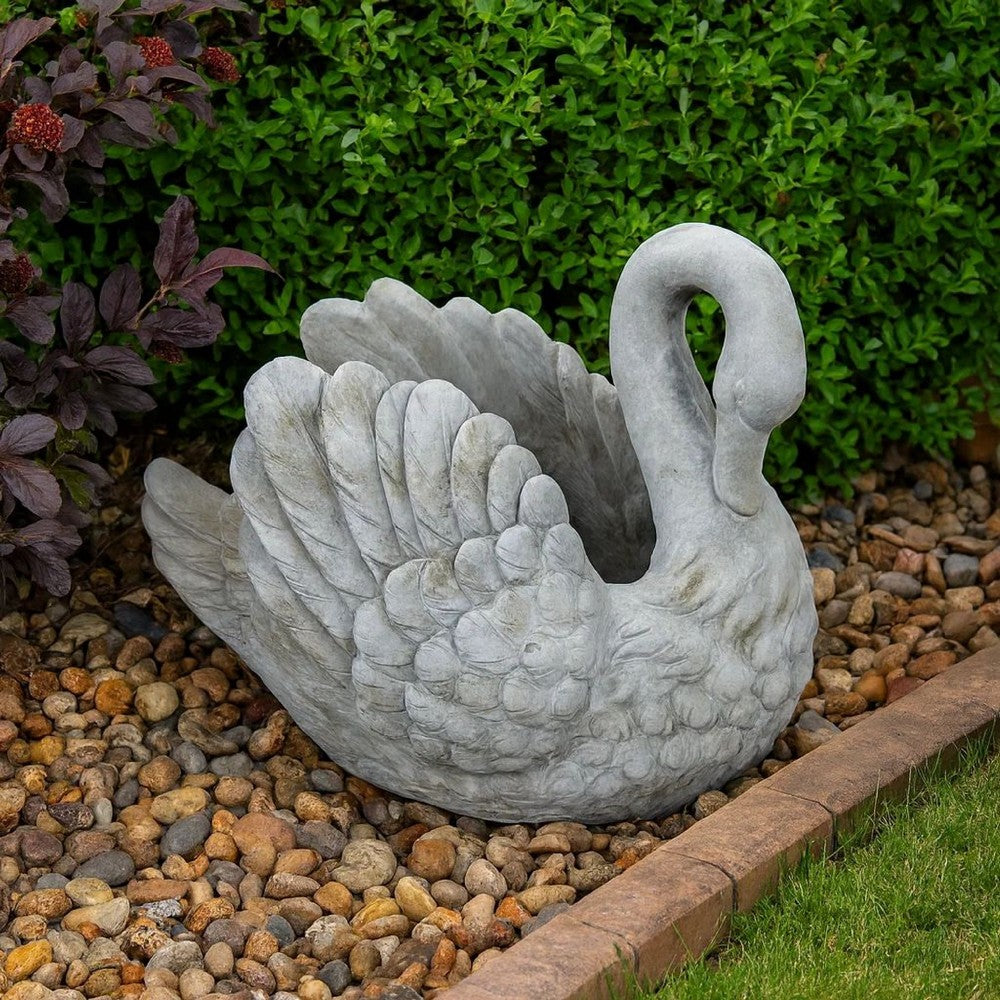 Benjara Jina Planter with Swan Sculpted Details, Gray Terracotta 10 Inch