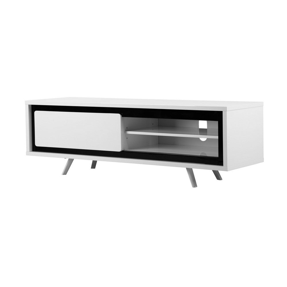 Benjara Hle TV Stand Media Console, Low Profile 59 Inch White Black Lacquer