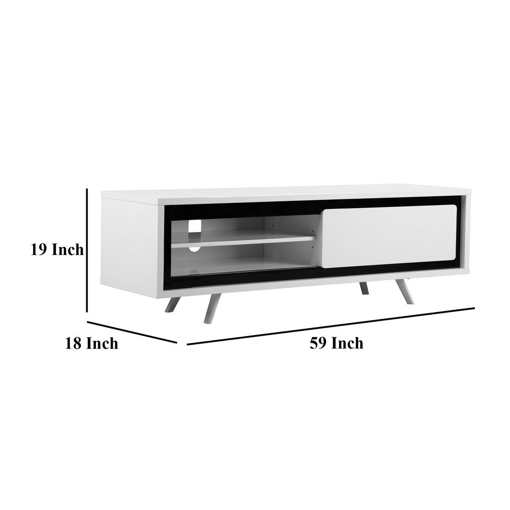 Benjara Hle TV Stand Media Console, Low Profile 59 Inch White Black Lacquer