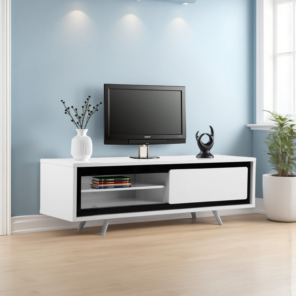 Benjara Hle TV Stand Media Console, Low Profile 59 Inch White Black Lacquer