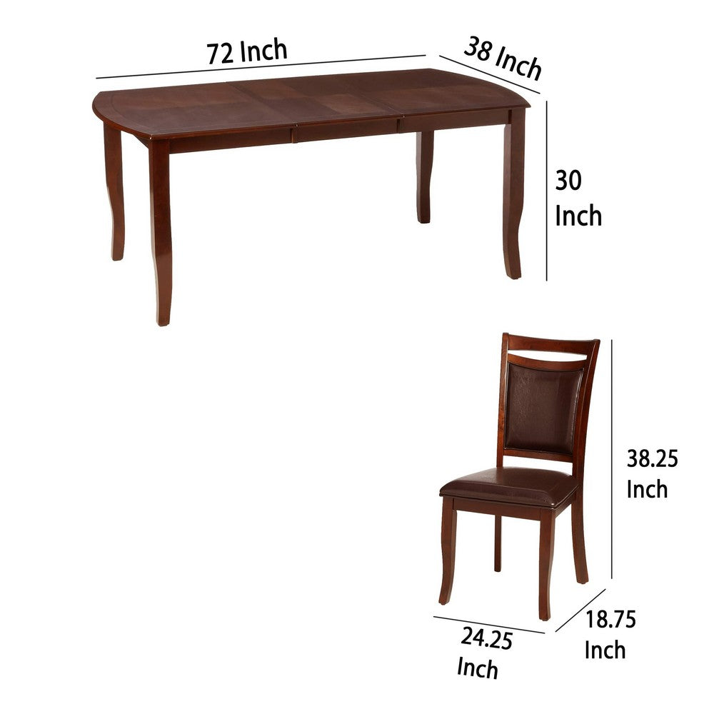 Benjara Woody 7pc Dining Table Set, 18-Inch Leaf, Espresso Faux Leather Chairs