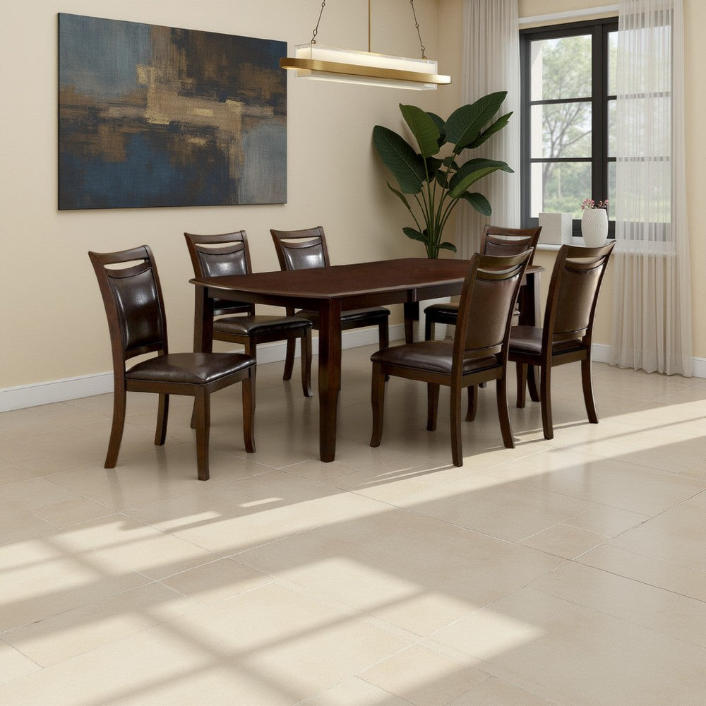 Benjara Woody 7pc Dining Table Set, 18-Inch Leaf, Espresso Faux Leather Chairs