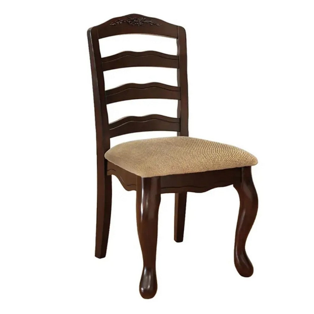 Benjara Viny 7pc Dining Table Set with 6 Fabric Chairs, Dark Walnut Solid Wood