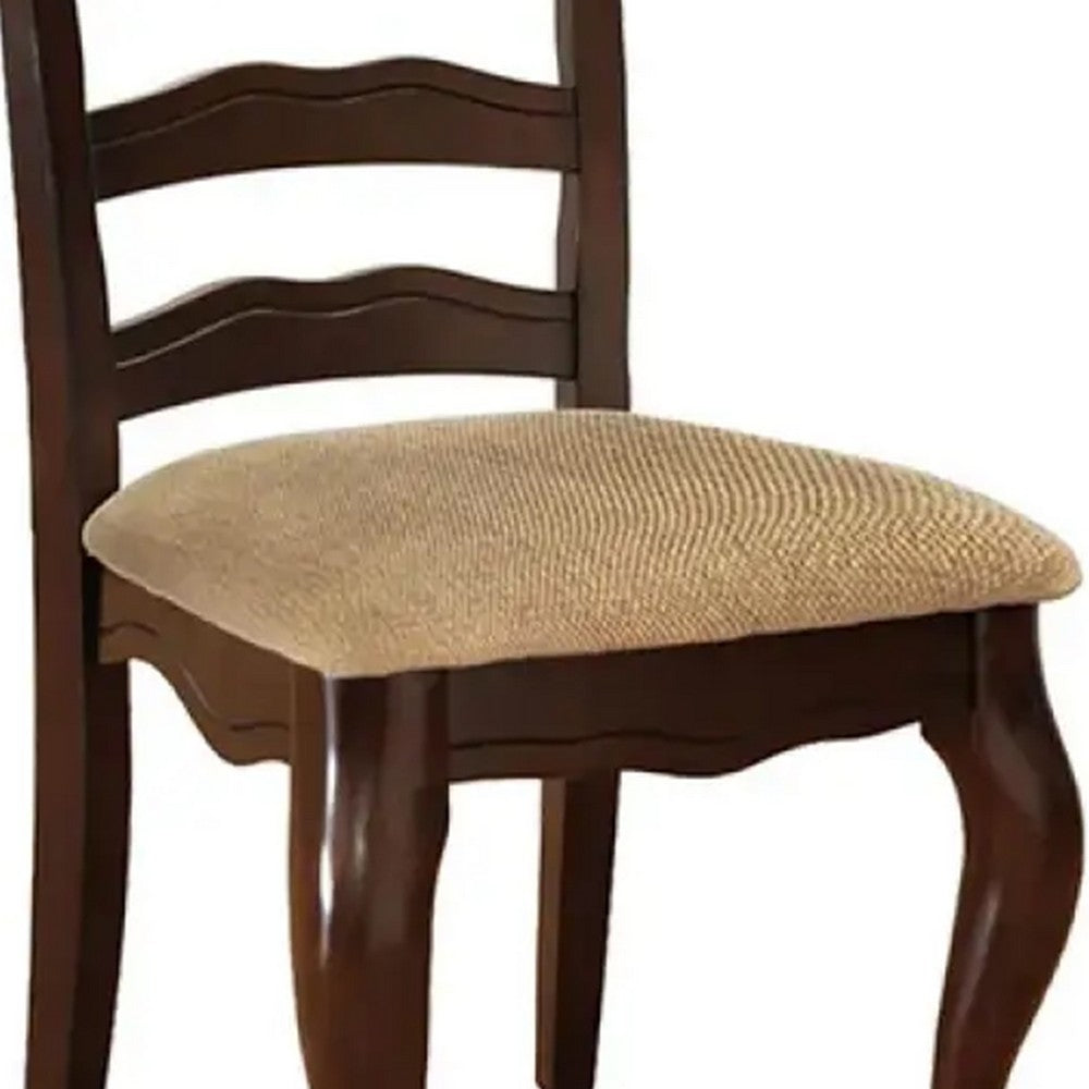 Benjara Viny 7pc Dining Table Set with 6 Fabric Chairs, Dark Walnut Solid Wood