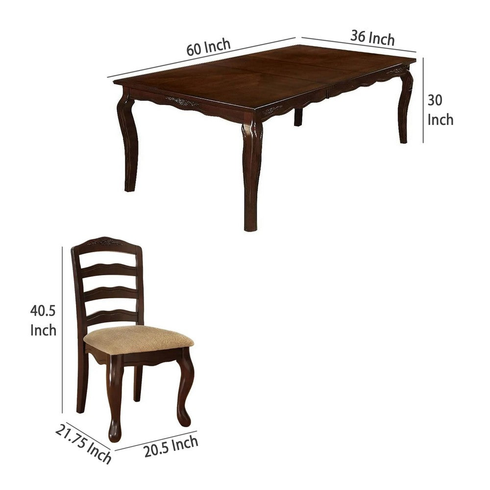 Benjara Viny 7pc Dining Table Set with 6 Fabric Chairs, Dark Walnut Solid Wood