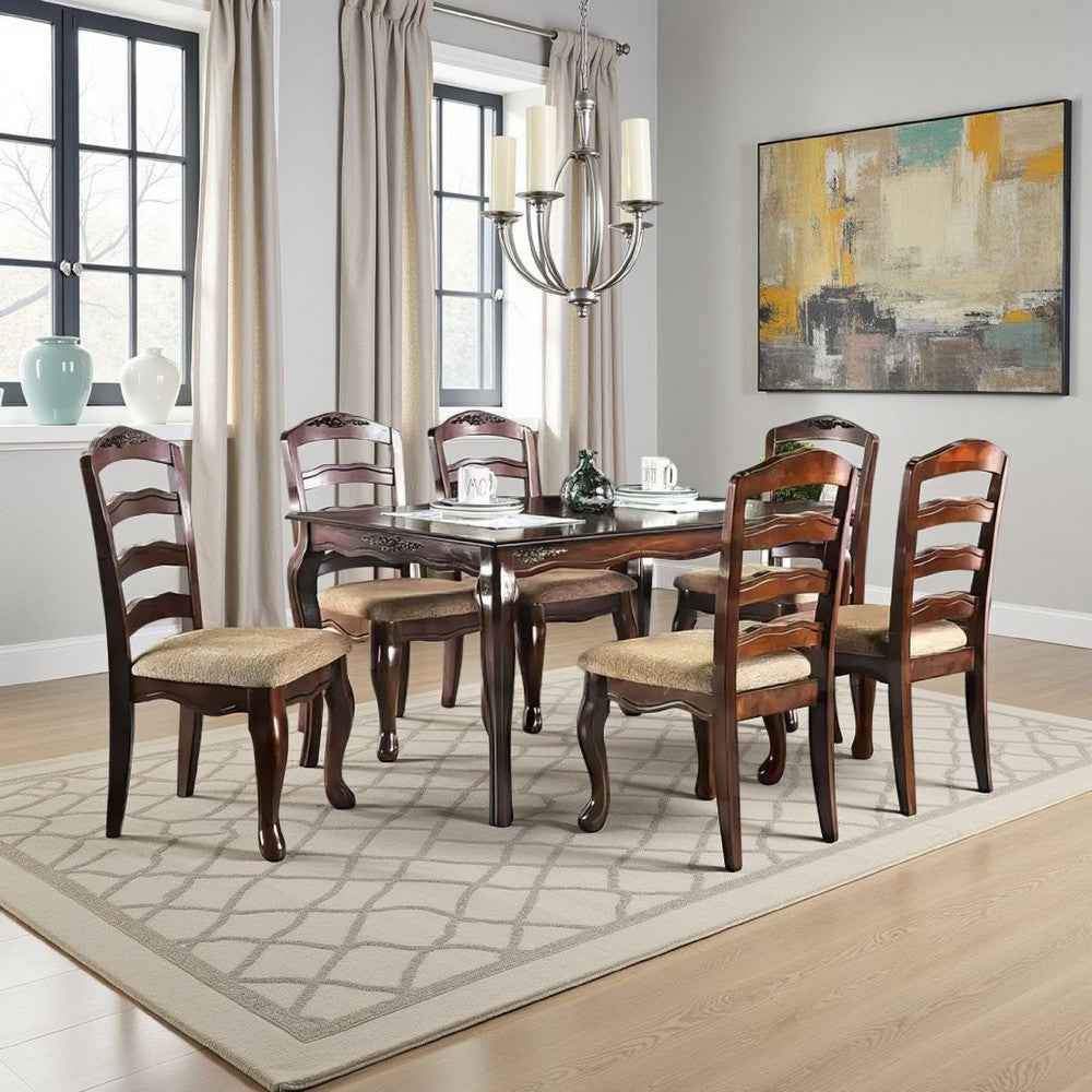 Benjara Viny 7pc Dining Table Set with 6 Fabric Chairs, Dark Walnut Solid Wood