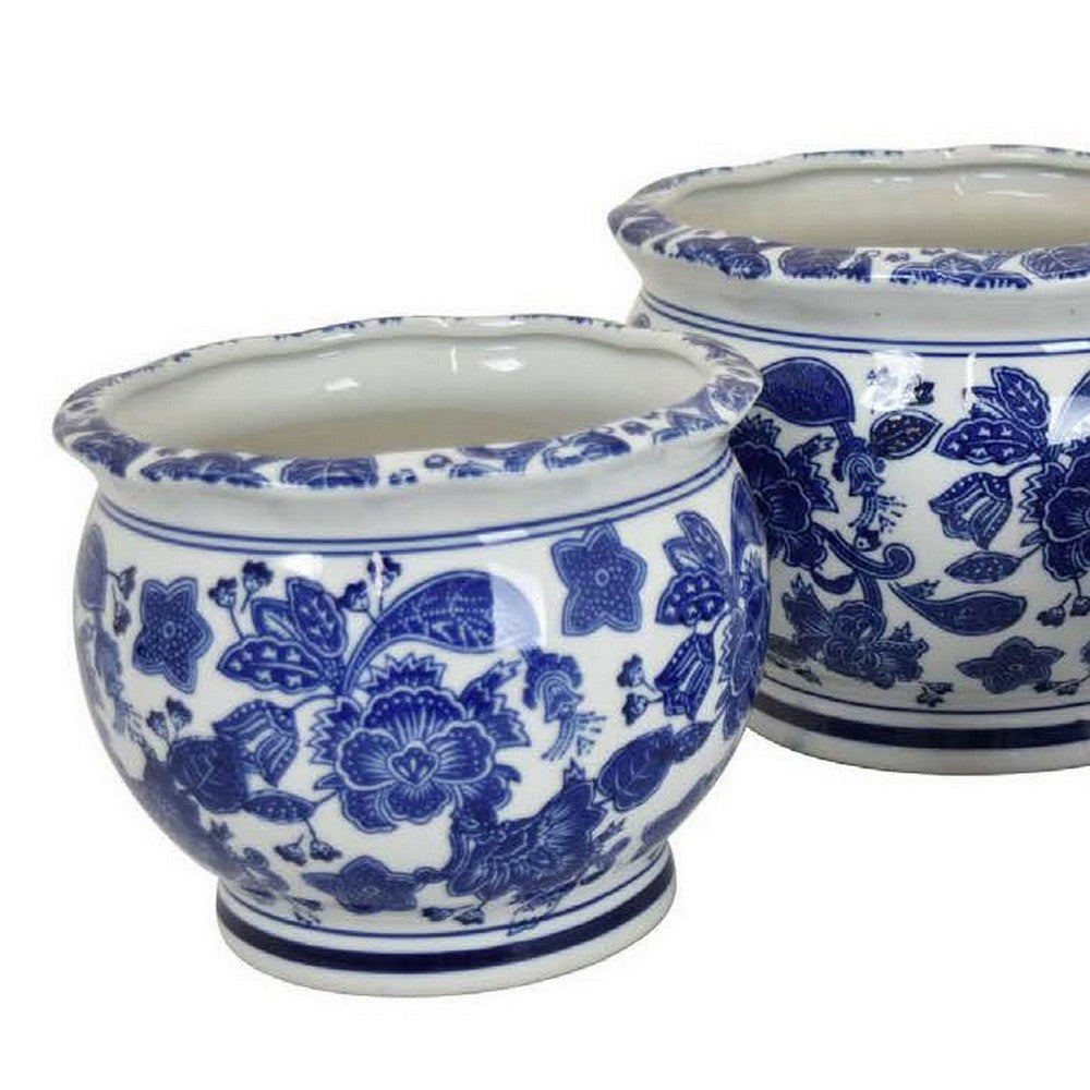 Benjara 3pc Modern Planter, Japanese Inspired Art Design, Blue White Ceramic