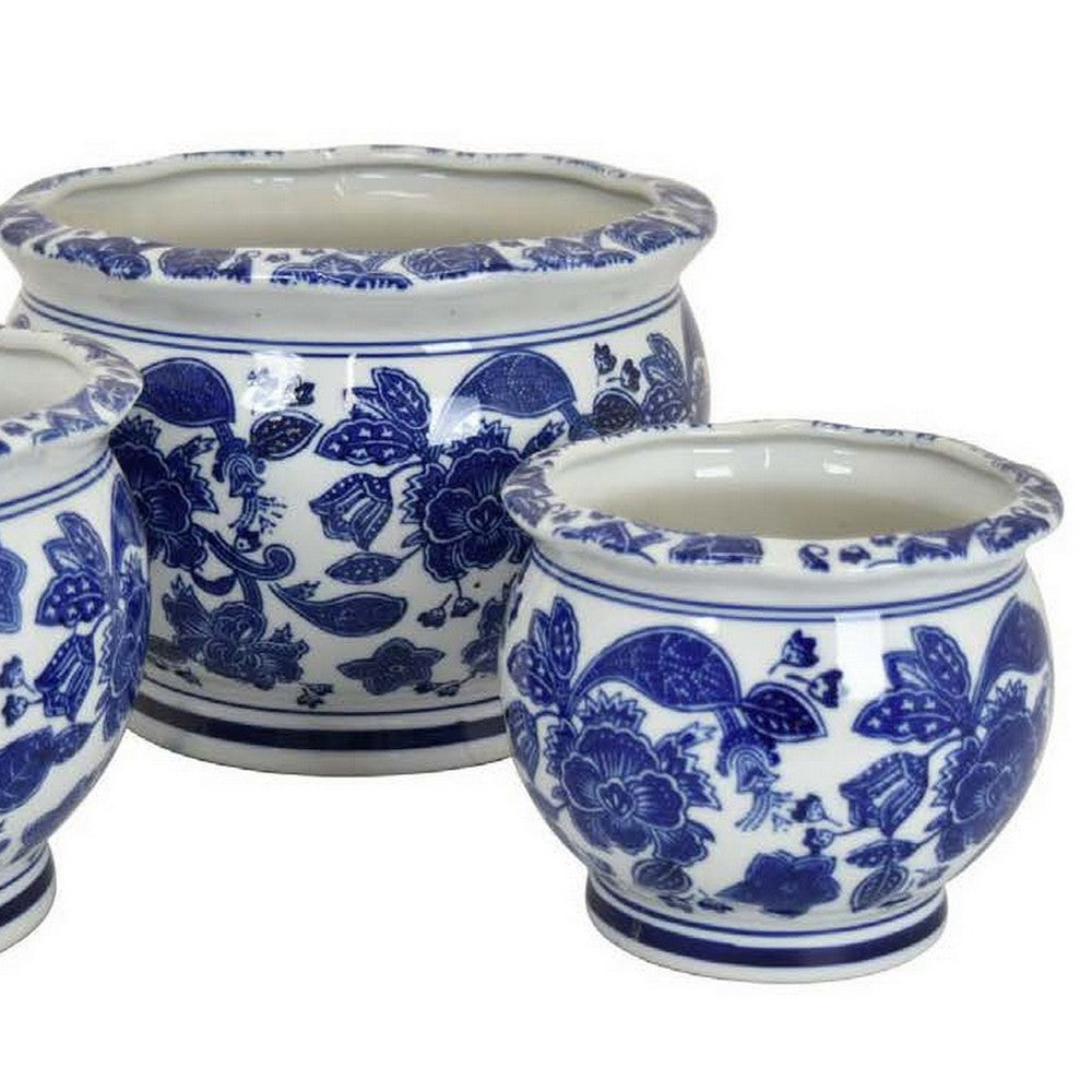 Benjara 3pc Modern Planter, Japanese Inspired Art Design, Blue White Ceramic