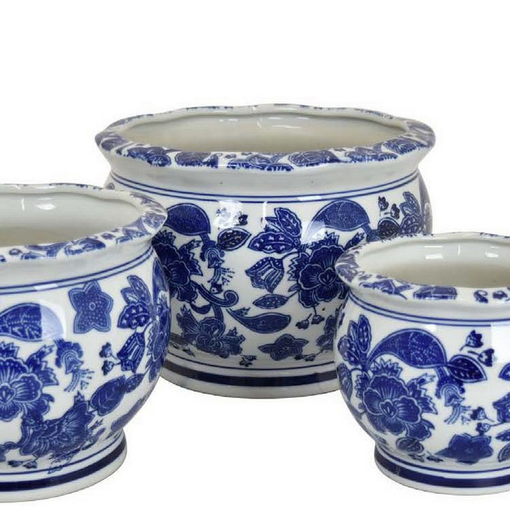 Benjara 3pc Modern Planter, Japanese Inspired Art Design, Blue White Ceramic