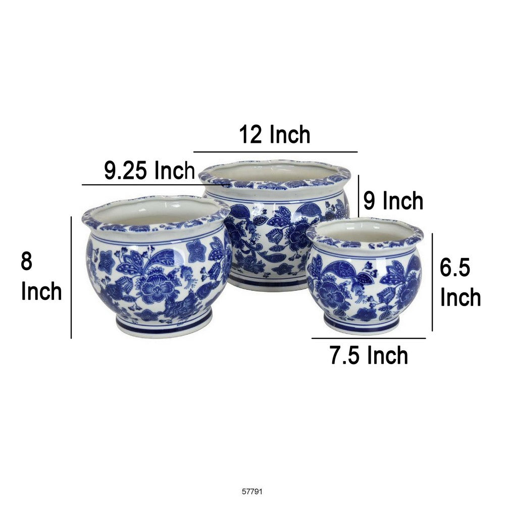 Benjara 3pc Modern Planter, Japanese Inspired Art Design, Blue White Ceramic