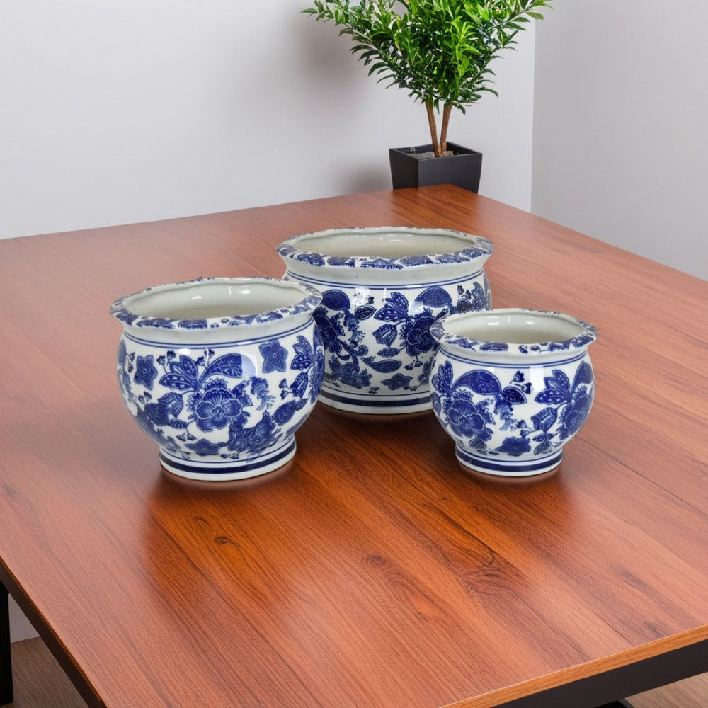 Benjara 3pc Modern Planter, Japanese Inspired Art Design, Blue White Ceramic