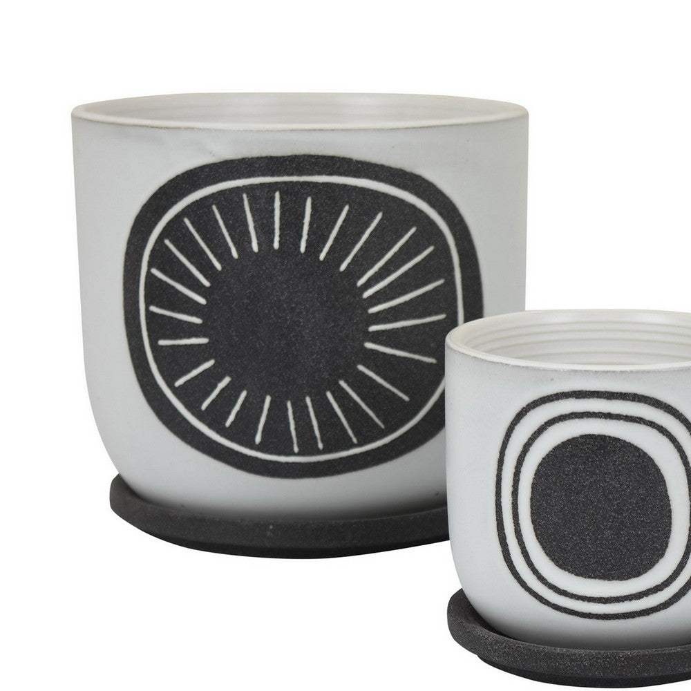 Benjara Meon 3pc Garden Planter Set, Textured White And Black Ceramic Design