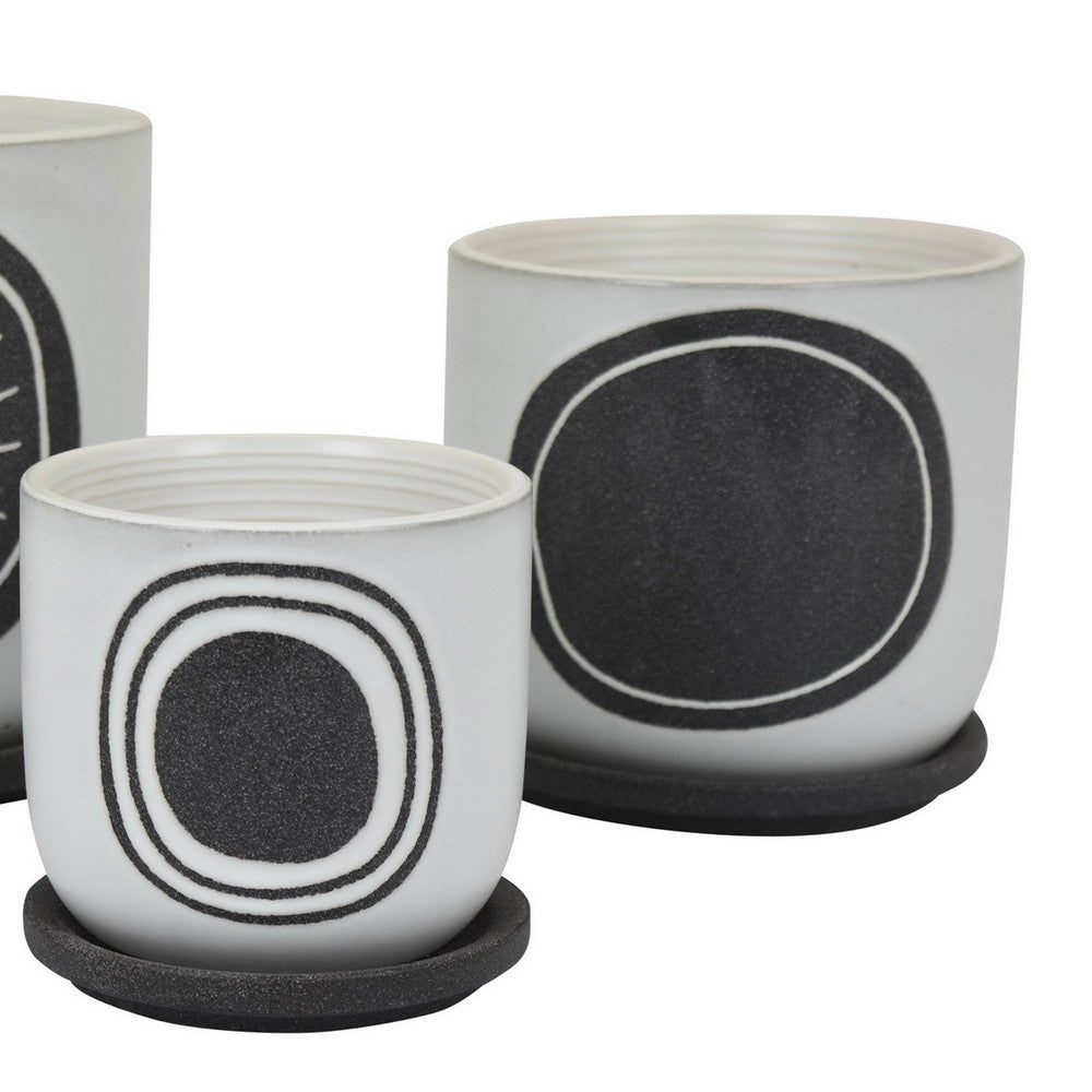 Benjara Meon 3pc Garden Planter Set, Textured White And Black Ceramic Design