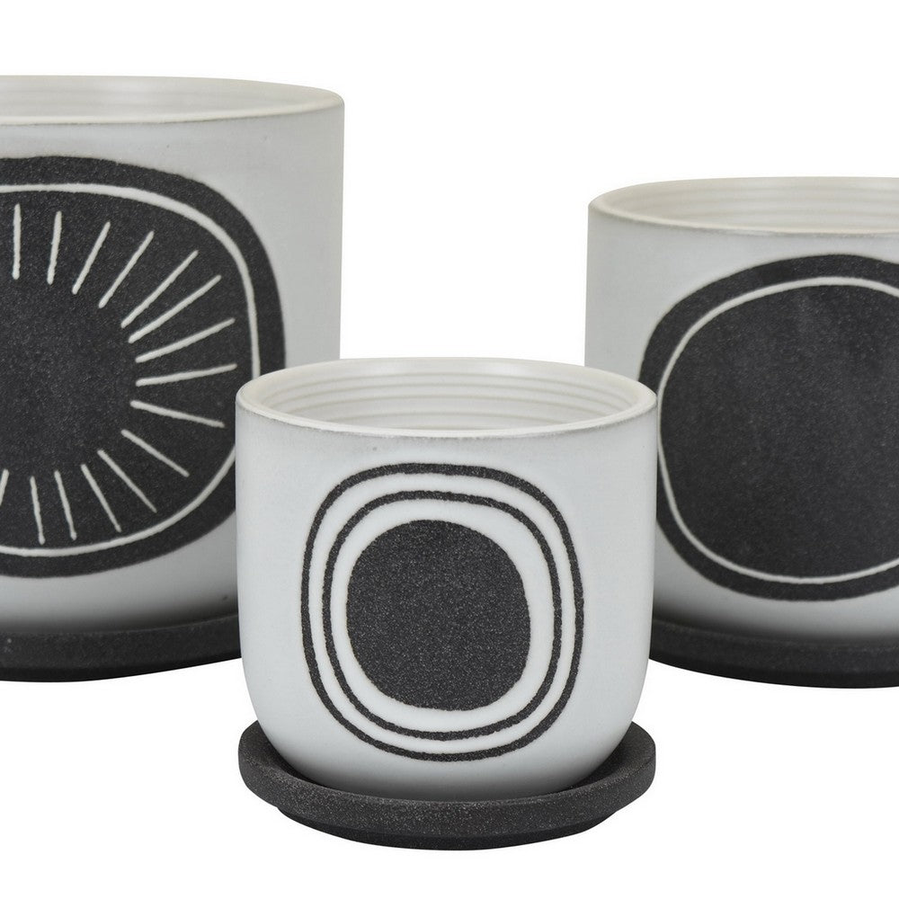 Benjara Meon 3pc Garden Planter Set, Textured White And Black Ceramic Design