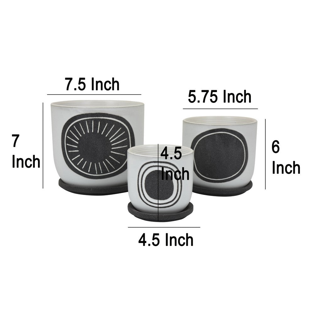 Benjara Meon 3pc Garden Planter Set, Textured White And Black Ceramic Design